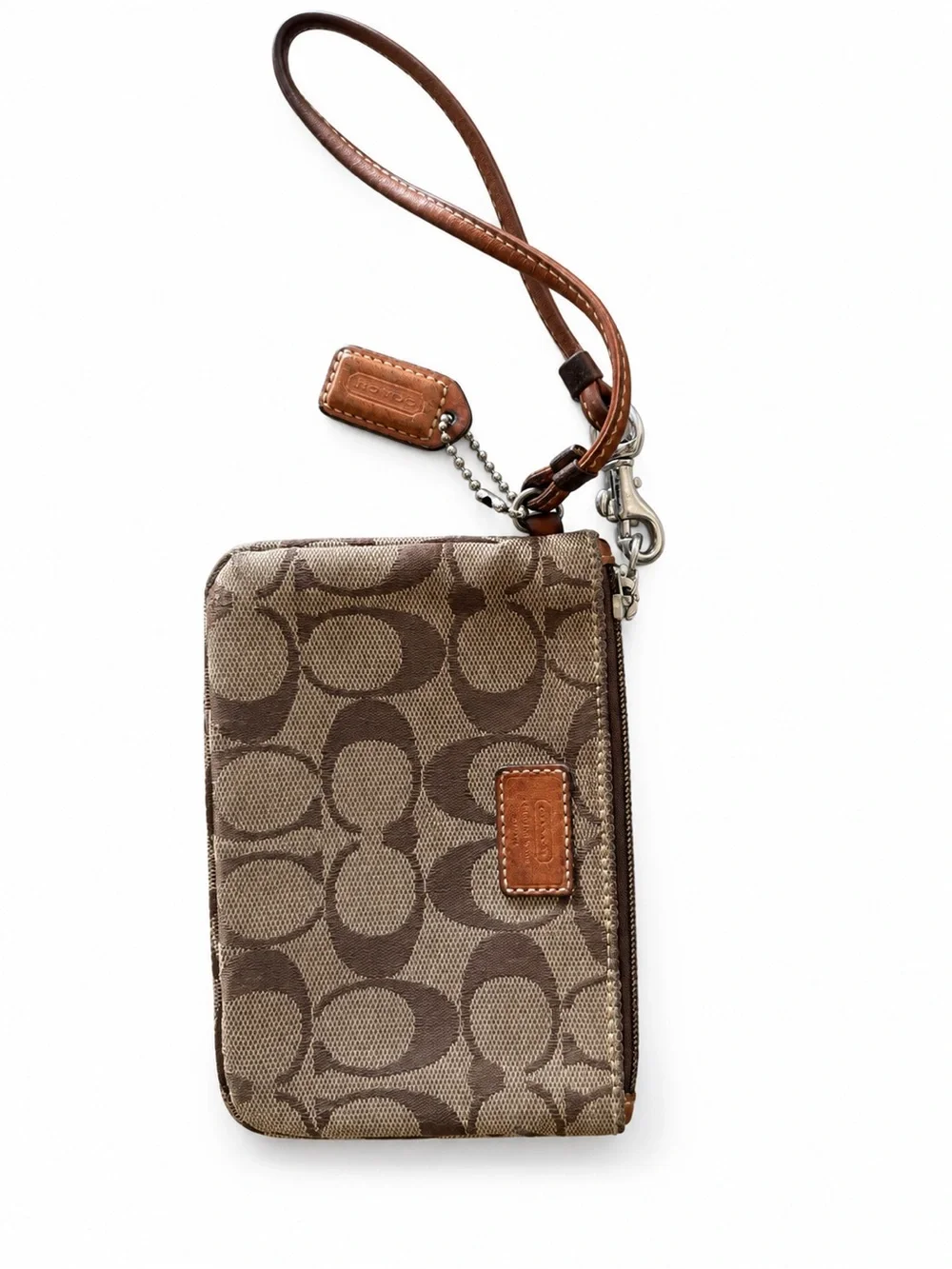 Coach Signature Canvas Wristlet Phone Case in Brown and Tan